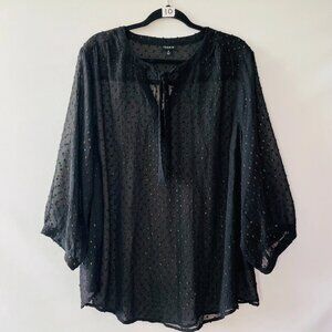 Torrid Womens Black V-Neck Tassel Swiss Dot Sheer Peasant Blouse Top Size US 3X